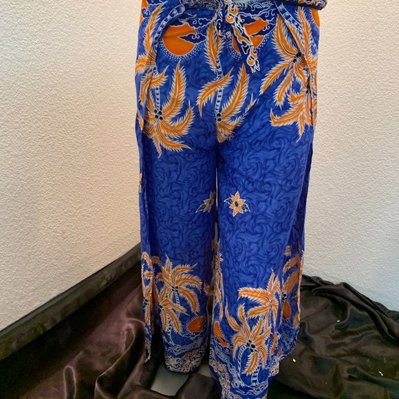 Cute shirred rayon top and groovy wrap pants set blue orange white one size - Picture 3 of 10